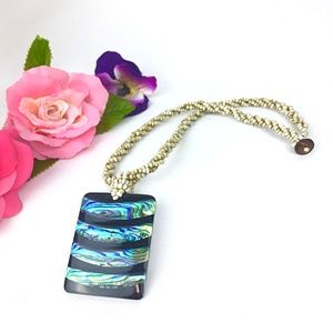 Braided Multi-Strand Seed Bead and Abalone Shell Pendant Necklace